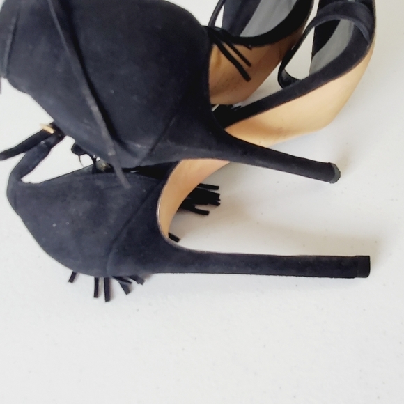 Stuart Weitzman Suede Love Fringe Sandal Size 9 Ankle Strap Black Stiletto Heel - Picture 7 of 16